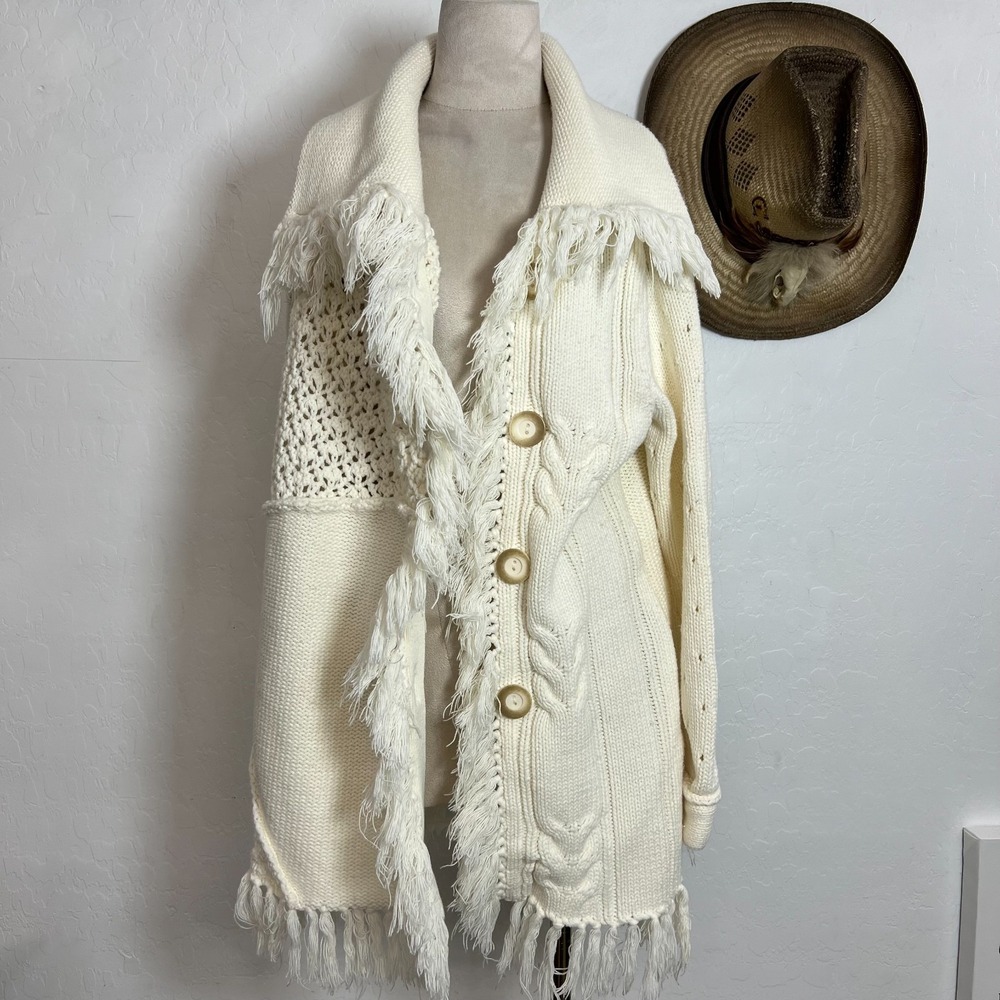 The Territory Ahead Fringe Cardigan Sweater Coat M Cream Boho Patchwork Cotton